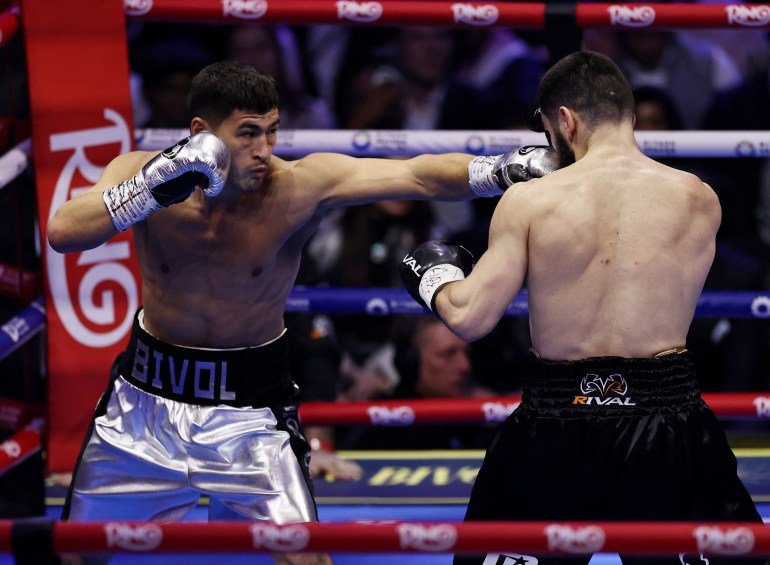 Boxing - Light Heavy Championship - Artur Beterbiev v Dmitrii Bivol - anb Arena, Riyadh, Saudi Arabia - February 23, 2025 Dmitrii Bivol in action during his fight with Artur Beterbiev REUTERS/Hamad I Mohammed